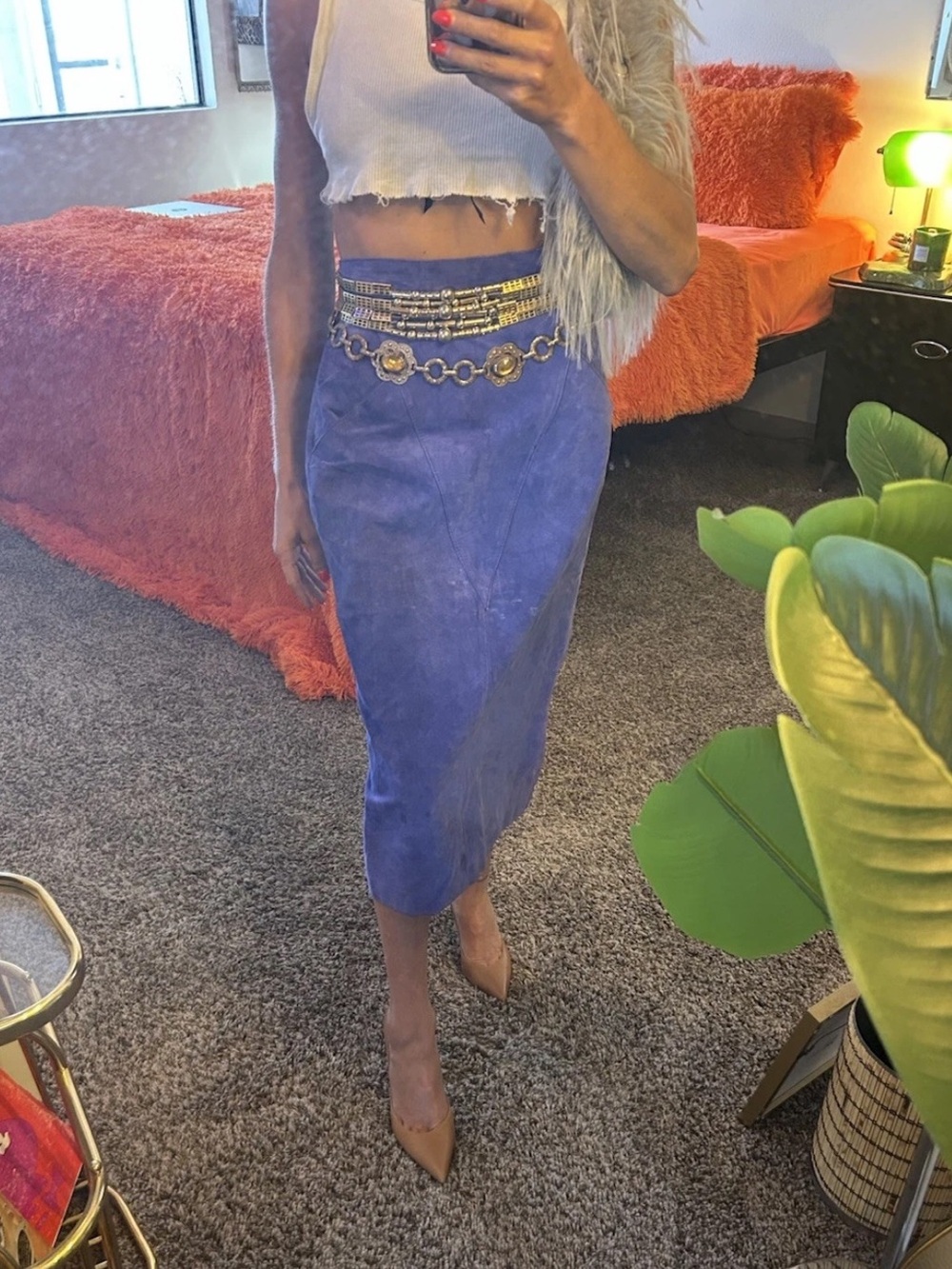Vintage WINLIT Periwinkle Purple Suede Leather Midi Skirt Korea High Waist 7/8 - Picture 5 of 15